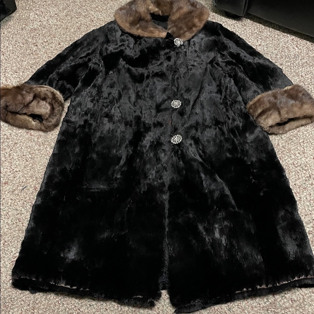 Vintage real fur Black mink Coat with Brown mink Accents